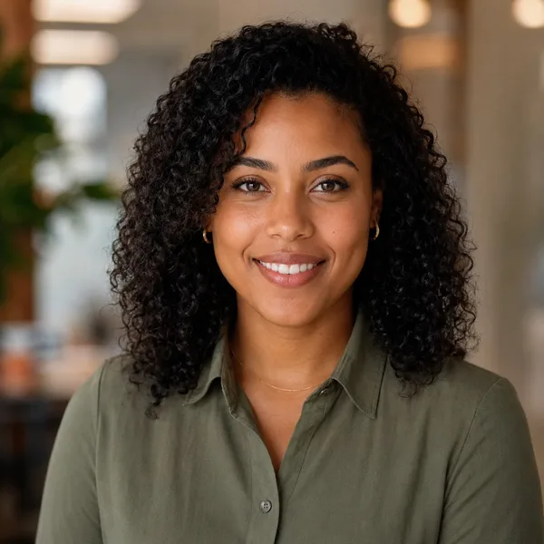 Business Casual AI headshot example — professional woman in her 30s (AI-generated, not a real person)