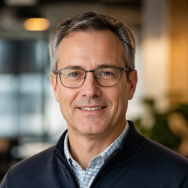 Business Casual AI headshot example — professional man in his 40s with glasses (AI-generated, not a real person)