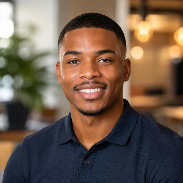 Business Casual AI headshot example — professional man in his 20s (AI-generated, not a real person)