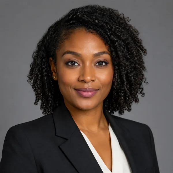 Corporate / Formal AI headshot example — professional woman in her 30s (AI-generated, not a real person)