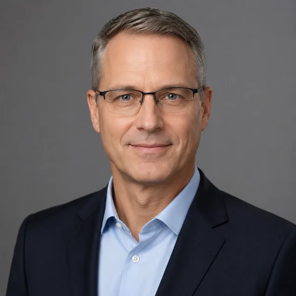 Corporate / Formal AI headshot example — professional man in his 40s with glasses (AI-generated, not a real person)