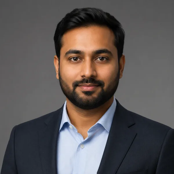 Corporate / Formal AI headshot example — professional man in his 30s with a beard (AI-generated, not a real person)