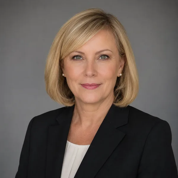 Corporate / Formal AI headshot example — professional woman in her 50s (AI-generated, not a real person)