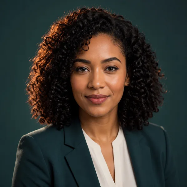 Creative / Modern AI headshot example — professional woman in her 30s (AI-generated, not a real person)