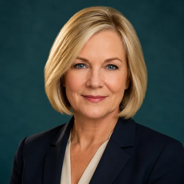 Creative / Modern AI headshot example — professional woman in her 50s (AI-generated, not a real person)