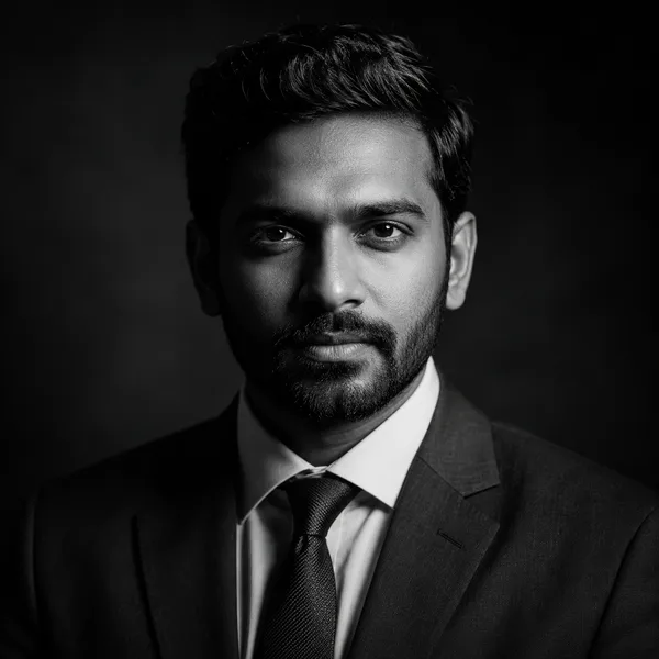 Executive B&W AI headshot example — professional man in his 30s with a beard (AI-generated, not a real person)