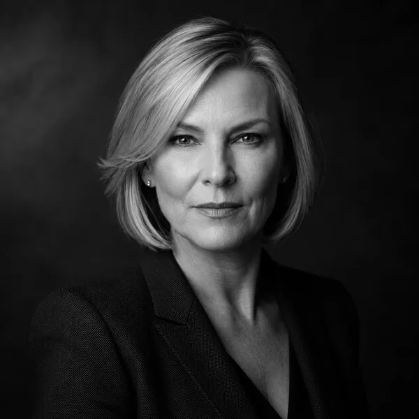 Executive B&W AI headshot example — professional woman in her 50s (AI-generated, not a real person)