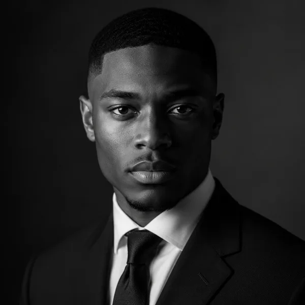 Executive B&W AI headshot example — professional man in his 20s (AI-generated, not a real person)
