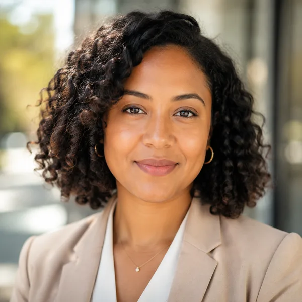 Outdoor / Natural AI headshot example — professional woman in her 30s (AI-generated, not a real person)