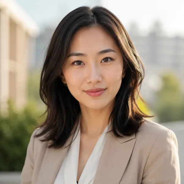 Outdoor / Natural AI headshot example — professional woman in her 20s (AI-generated, not a real person)