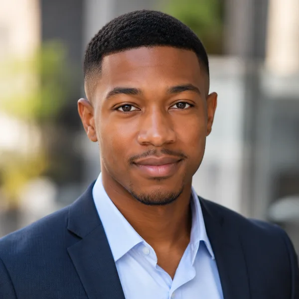Outdoor / Natural AI headshot example — professional man in his 20s (AI-generated, not a real person)