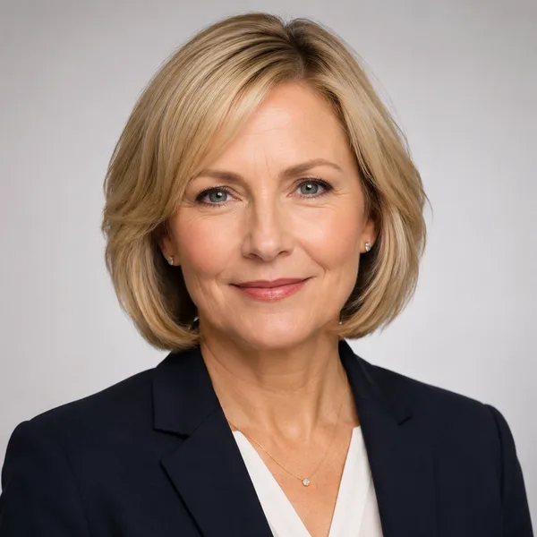 Studio Classic AI headshot example — professional woman in her 50s (AI-generated, not a real person)