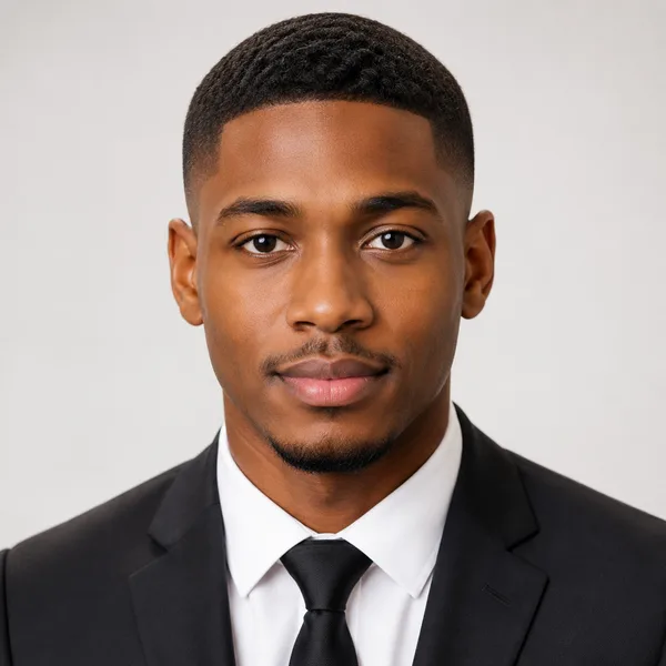Studio Classic AI headshot example — professional man in his 20s (AI-generated, not a real person)
